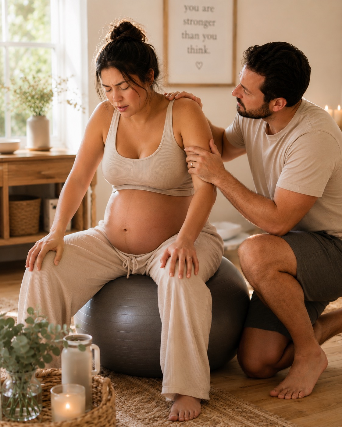 Pregnant woman experiencing the first signs of labor at home